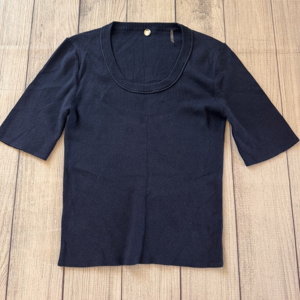 Margaret O'Leary Rib Knit Silk Blend Scoop Neck Top Navy Blue Medium 3/4 Sleeve